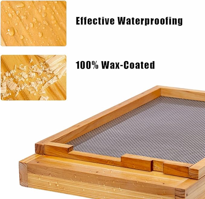 BeeCastle Hives 10 Frame 3 Layer Screened Bottom Board Wax Coat Cedar Wood Beehive Kit with 2 Deep Box,1 Super Box,Pine Wooden Frame and Beeswax Plastic Foundation for Beekeeping