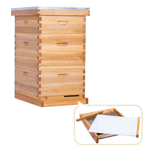 BeeCastle Hives 10 Frame 3 Layer Screened Bottom Board Wax Coat Cedar Wood Beehive Kit with 2 Deep Box,1 Super Box,Pine Wooden Frame and Beeswax Plastic Foundation for Beekeeping