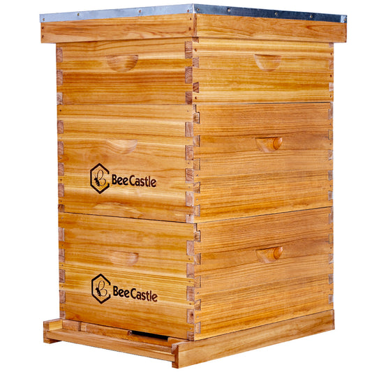 BeeCastle Hives 10 Frame Wax Coat Complete Beehive Kit:2 Designed Deep Hives and 1 Medium Box.Crafted with Expert Precision,Includes Premium Wooden Frames and Beeswax-Plastic Foundation